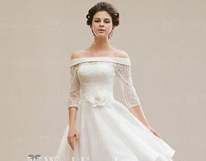 Short Wedding Dresses : IVORY HI-LO PLUS SIZE WEDDING DRESS A-LINE HALF SLEEVE OFF-SHOULDER CHIFFON/LACE