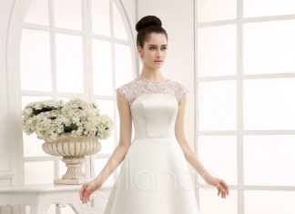 Short Wedding Dresses : Joelho-comprimento vestido de noiva marfim de recepção com a linha renda pura…