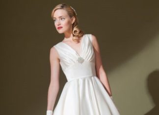 Short Wedding Dresses : Retro satin wedding dress with ruched v neckline. This dress is made to order an…