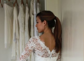 Short Wedding Dresses : Short Wedding Dress with Sleeves, Reception Dress, French Lace Wedding dress, V-back Wedding Dress, Illusion Neckline Wedding Dress