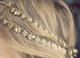 Trendy Hair Style : Boho hair accessory. A string of golden leaves. Half up hair with the string use…