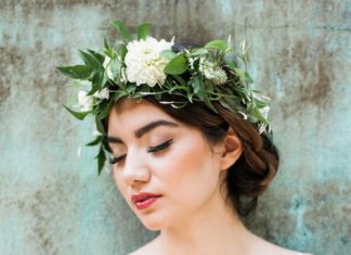 Wedding Hair With Flowers & jewels : Dancing & Dessert. Perfect bridal makeup and bohemian luxe flower crown in w…