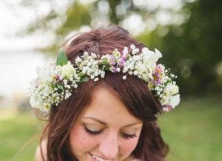 Wedding Hair With Flowers & jewels : Boho wedding hair idea – soft curls with floral crown for bride {KariMe Photogra…
