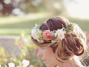 Wedding Hair With Flowers & jewels : Boho wedding hair idea – twisted chignon side bun with rose flower crown {Kimber…