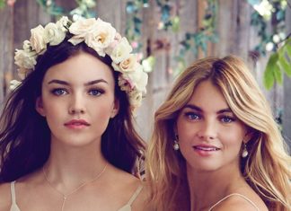 Wedding Hair With Flowers & jewels : Bridesmaid Dresses | Full length matte chiffon and marquis lace dress. High squa…