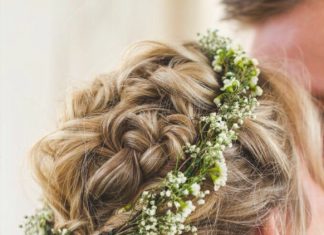 Wedding Hair With Flowers & jewels : Boho Braided twisted and fishtail wedding up do with baby's breath flower cr…