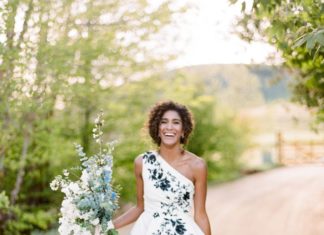 Beautiful Brand Wedding Dresses : Navy blue floral printed wedding dress: www.stylemepretty… Photography: Rebecc…