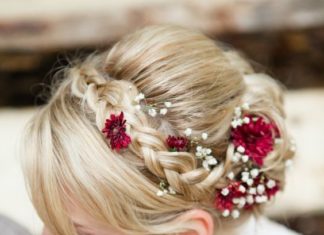 Best Hair Style For Bride : Bridal braid with maroon mums and baby’s breath via Corina V. Photograph / www.d…