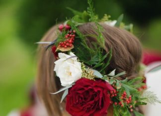 Best Hair Style For Bride : wedding updo with red flower crown via Janeane Marie Photography / www.deerpearl…