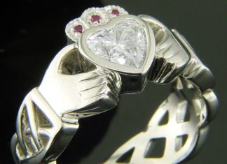 Diamond Rings : Claddagh Ring in 14kt white gold with a heart shaped diamond center and rubies …