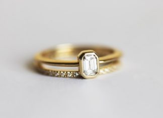 Diamond Rings : Emerald Diamond Engagement Ring with a Pave Diamond Eternity Ring, Wedding Set, 18k Solid Gold Diamond Ring Set