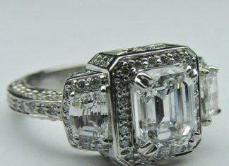 Diamond Rings : Emerald Diamond Vintage Design Halo Engagement Ring Cadillac trapezoids side sto…