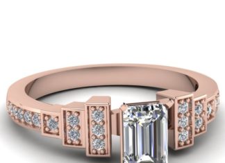 Diamond Rings : Incredible ring. Emerald Cut and Round Diamonds 14K Rose Gold Side Stone Engagme…