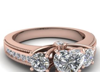 Diamond Rings : Milgrain Pattern Ring || Heart Shaped Diamond Side Stone Ring With White Diamond…