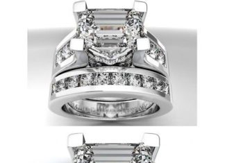 Diamond Rings : Modern Horizontal Emerald Cut diamond Engagement ring & Matching wedding rin…