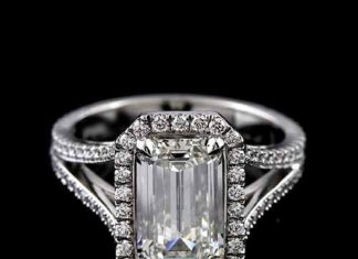 Diamond Rings : Perfect 4.6CT Halo Emerald Cut Russian Lab Diamond Split Shank 18K White Gold Ring