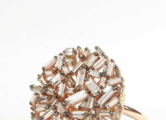 Diamond Rings : Suzanne Kalan rose gold Vitrine ring with champagne baguette diamonds ($5,000)….