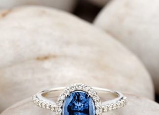 Engagement Rings & Wedding Rings : 18K White Gold Sapphire Fancy Halo Diamond Ring with Side Stones