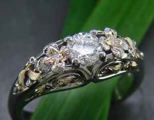 Loose Diamond : Custom 14k gold two toned, and filigree-filled diamond engagement ring with engr…