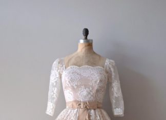 Short Wedding Dresses : 1950s white lace dress with nude under layer. scalloped square neckline, 3/4 len…