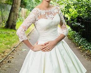 Short Wedding Dresses : 2016 Short 3/4 sleeve Vintage Tea length White Ivory Lace Wedding Dresses 4-18++