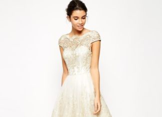 Short Wedding Dresses : Asos – Chi Chi London Premium Metallic Lace Midi Prom Dress with Bardot Neck