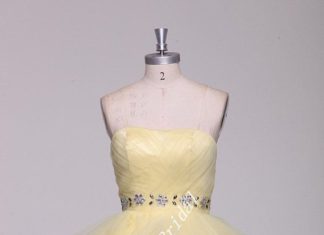 Short Wedding Dresses : Beading Layered Ballgown Stapless Neckline Pale Yellow Tulle Homecoming Dress Sh…