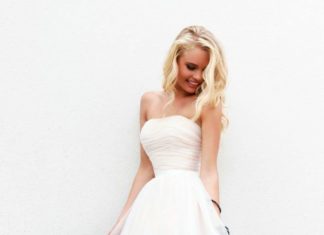 Short Wedding Dresses : Elegant Knee Length Strapless Lace Appliqued Tulle Prom Dress…
