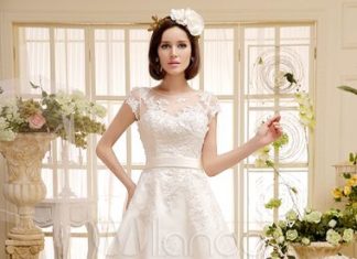 Short Wedding Dresses : Ivory Beaded Lace Short Wedding Dress with Jewel Neck Sash – Milanoo.com…