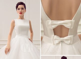 Short Wedding Dresses : Knee-Length Ivory Cut Out Wedding Dress For Bride With Bow Decor