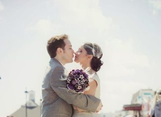 Short Wedding Dresses : Love the colorful purple petticoat on this bridal gown! She's also rocking …