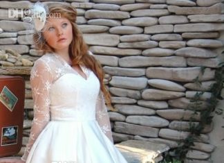 Short Wedding Dresses : Plus Size Sheer Garden V Neck Wedding Dresses With Long Sleeves 2014 Tulle Stain Ball Gowns Lace Appliques Short Tea Length Bridal Dress