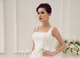 Short Wedding Dresses : Square Neck Applique Satin Short Wedding Dress with Beading Bow Sash