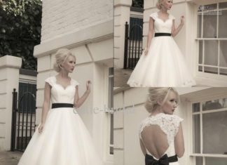 Short Wedding Dresses : Sweetheart Lace Capped Sleeves Hollow Back A-line Tea Length Wedding Dress with …