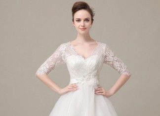 Short Wedding Dresses : Tea Length Lace Wedding Dress with Sleeves DV2078