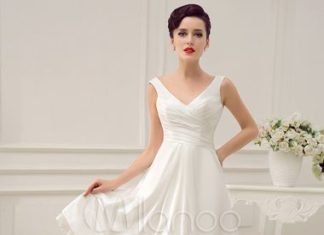 Short Wedding Dresses : V-Neck marfim Backless plissado cetim curto casamento vestido – Milanoo.com…