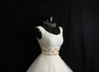 Short Wedding Dresses : Vintage 1950's 50s White Ruched Chiffon Organza Applique Flowers Party Prom …