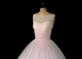 Short Wedding Dresses : Vintage 1950's. White Lace Tulle and Pink Chiffon Illusion Cocktail Party Dr…