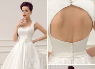 Short Wedding Dresses : Vintage Sweetheart Neck Flower Backless Knee-Length Bridal Wedding Dress with Sa…