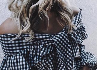 Street Style : Black Plaid Off Shoulder Blouse