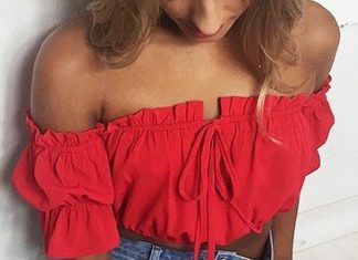 Street Style : Red Off Shoulder Top