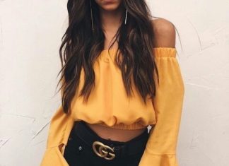 Street Style : streetstyleplatform:Yellow Off Shoulder Blouse