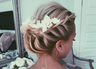 Wedding Hair With Flowers & jewels : Stunning french braided updo wedding hairstyle with chic white flower hairpiece;…