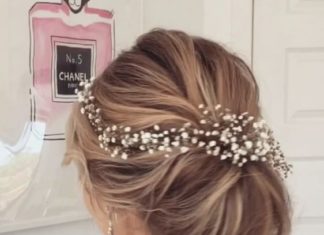 Wedding Hair With Flowers & jewels : Sleek low bun wedding hairstyle with elegant white hairpiece; Featured Hairstyle…