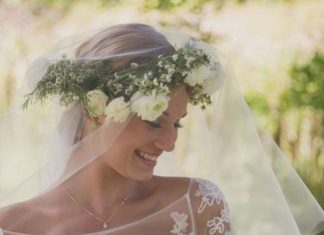Wedding Hair With Flowers & jewels : Beautiful sheer sleeve wedding dress with lovely neckline; Featured Photographer…