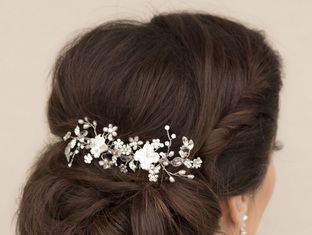 Wedding Hair With Flowers & jewels : Beaded flower bridal hair combs in a low bun bridal updo hairstyle by Hair Comes…