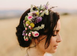 Wedding Hair With Flowers & jewels : Bridal Up Do with Fresh Flower Hair Accessory | Laura de Sagazan boho wedding dr…