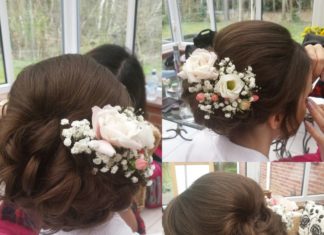 Wedding Hair With Flowers & jewels : Elegant brunette updo. Fresh flowers in wedding hair. Hair by laura hughes…