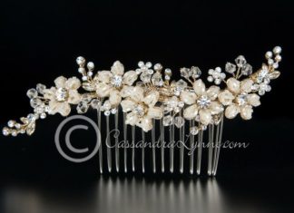 Wedding Hair With Flowers & jewels : Gold Bridal Hair Comb of Seed Bead Flowers & Crystals