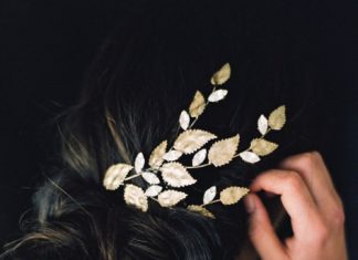 Wedding Hair With Flowers & jewels : Gold Leaf and Rhinestone Branch Bridal Headpiece- Style 5015 ‘Juliana’ MADE TO ORDER